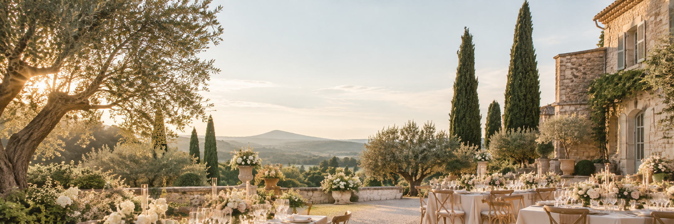 Réception de mariage élégante dans un domaine provençal au coucher du soleil