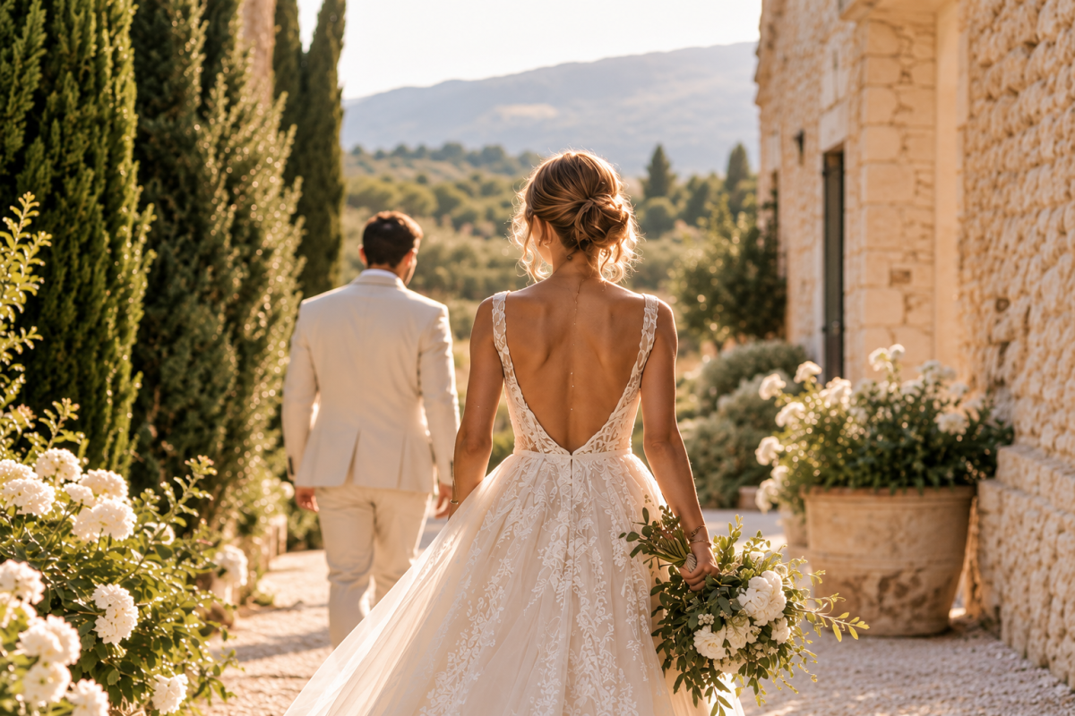 Mariage élégant en Provence – Jamais Stressés Mariage élégant en Provence avec mariés dans un jardin méditerranéen
