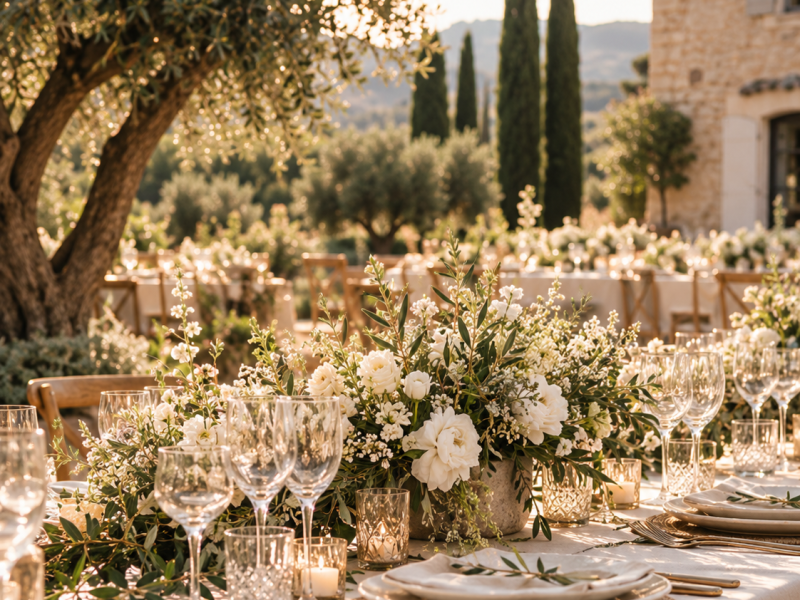 Table de mariage élégante en Provence Table de mariage élégante dans un domaine provençal avec fleurs blanches