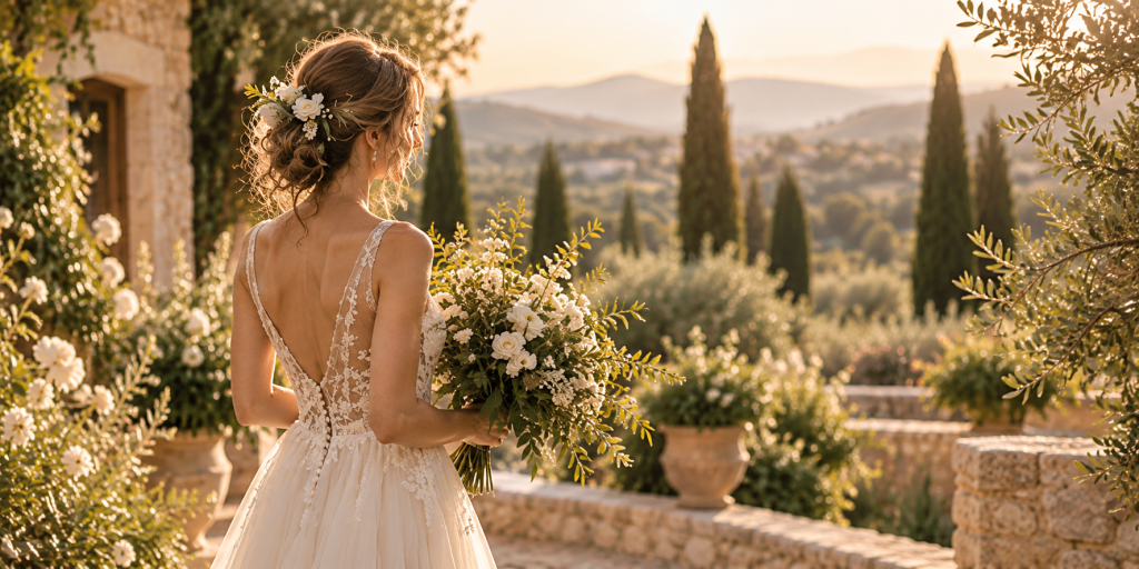 Mariée en robe de dentelle avec bouquet dans un domaine provençal