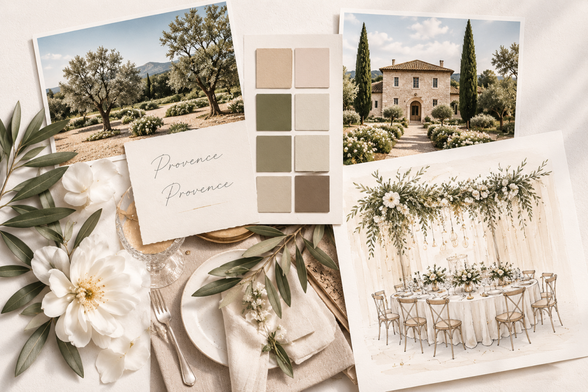 Scénographie de mariage en Provence Moodboard et croquis numériques pour une scénographie de mariage en Provence